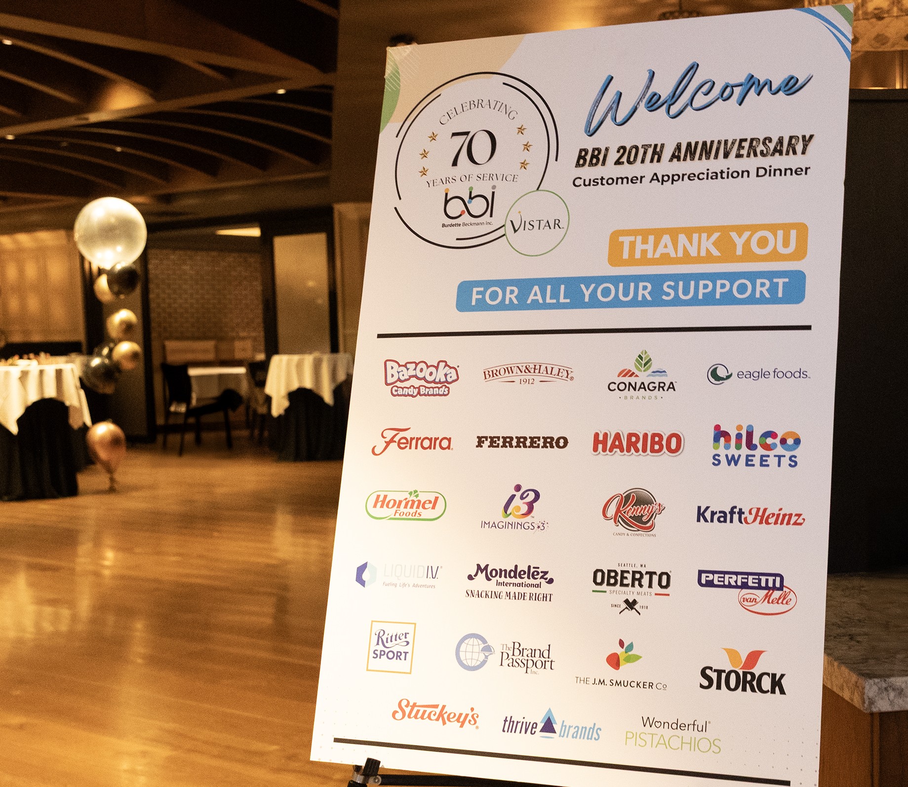 Easel sign reading Welcome, BBI 20th Anniversary Customer Appreciation Dinner, with 70 years bbi logo and supplier logos.