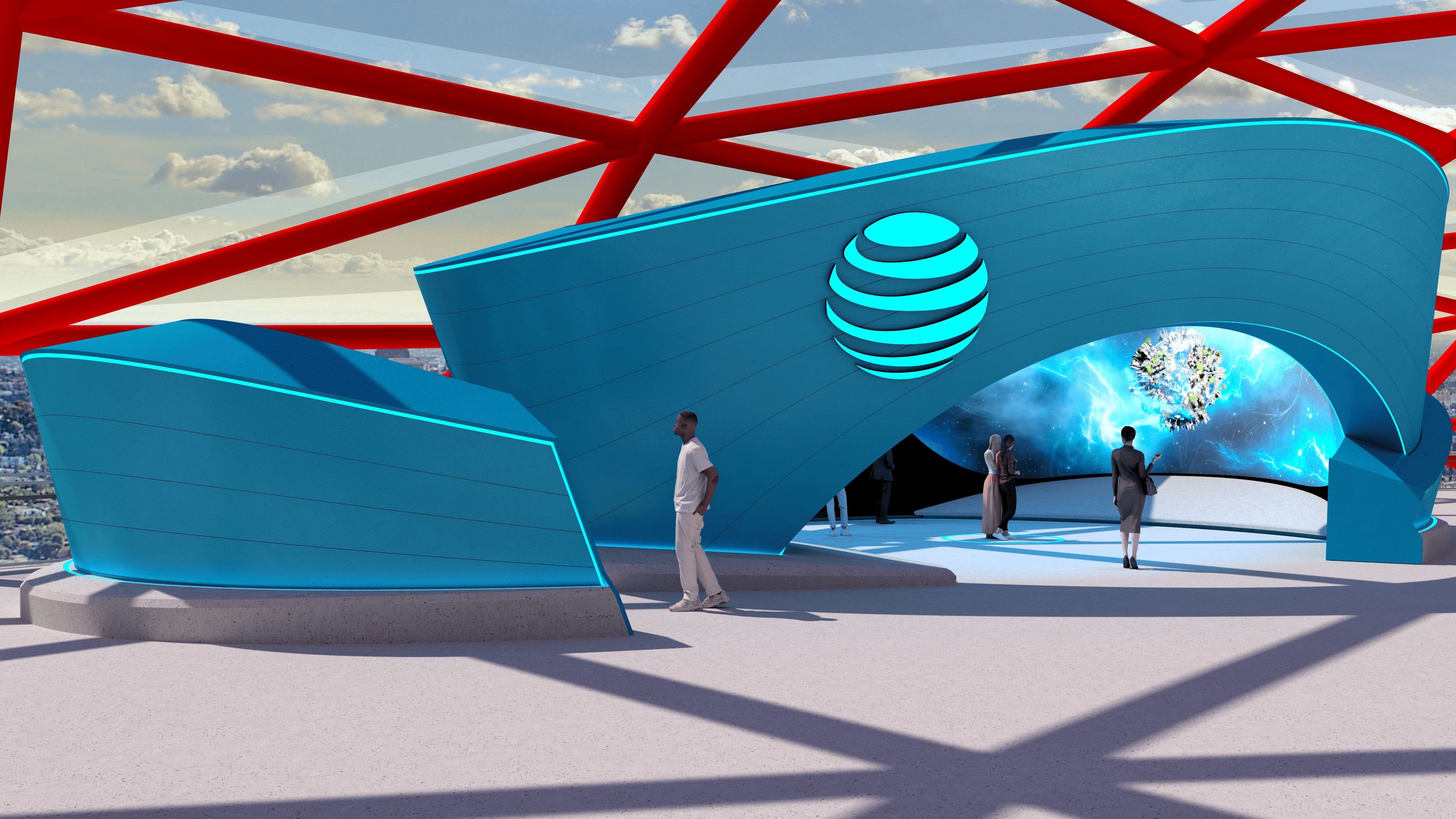 a render of a WWII-themed wall display with hexagonal frames showcasing historical images and a National WWII Museum logo on a grey, angular-patterned wall.