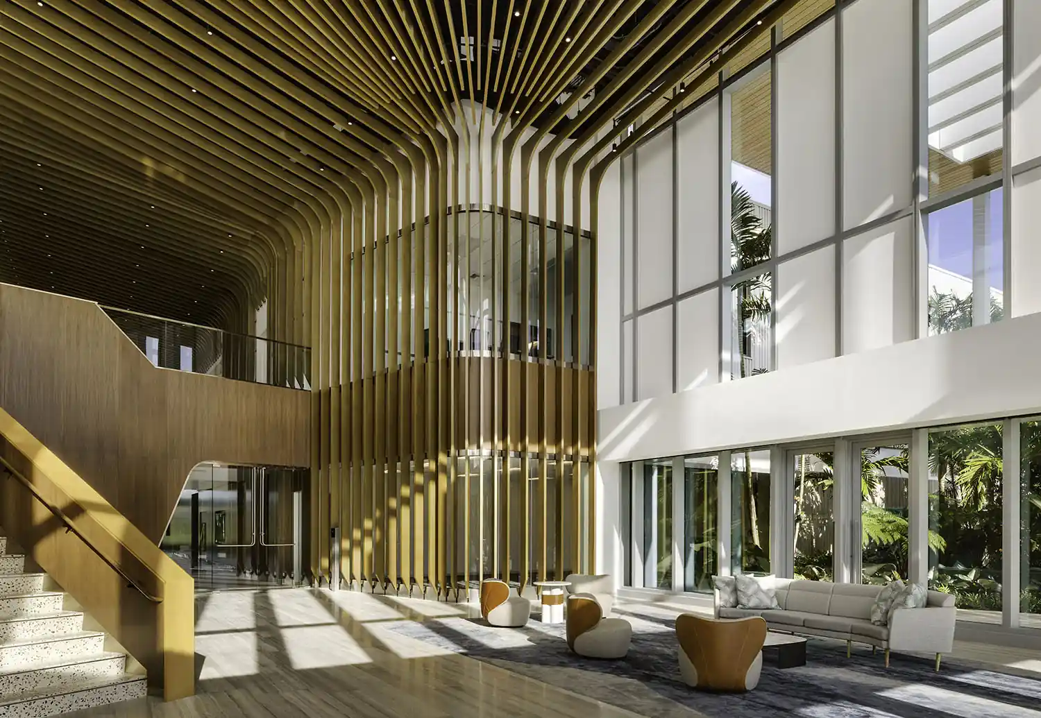 Spacious, sunlit lobby with wooden slatted ceiling, modern staircase, large windows, and seating areas, creating a warm, inviting atmosphere.