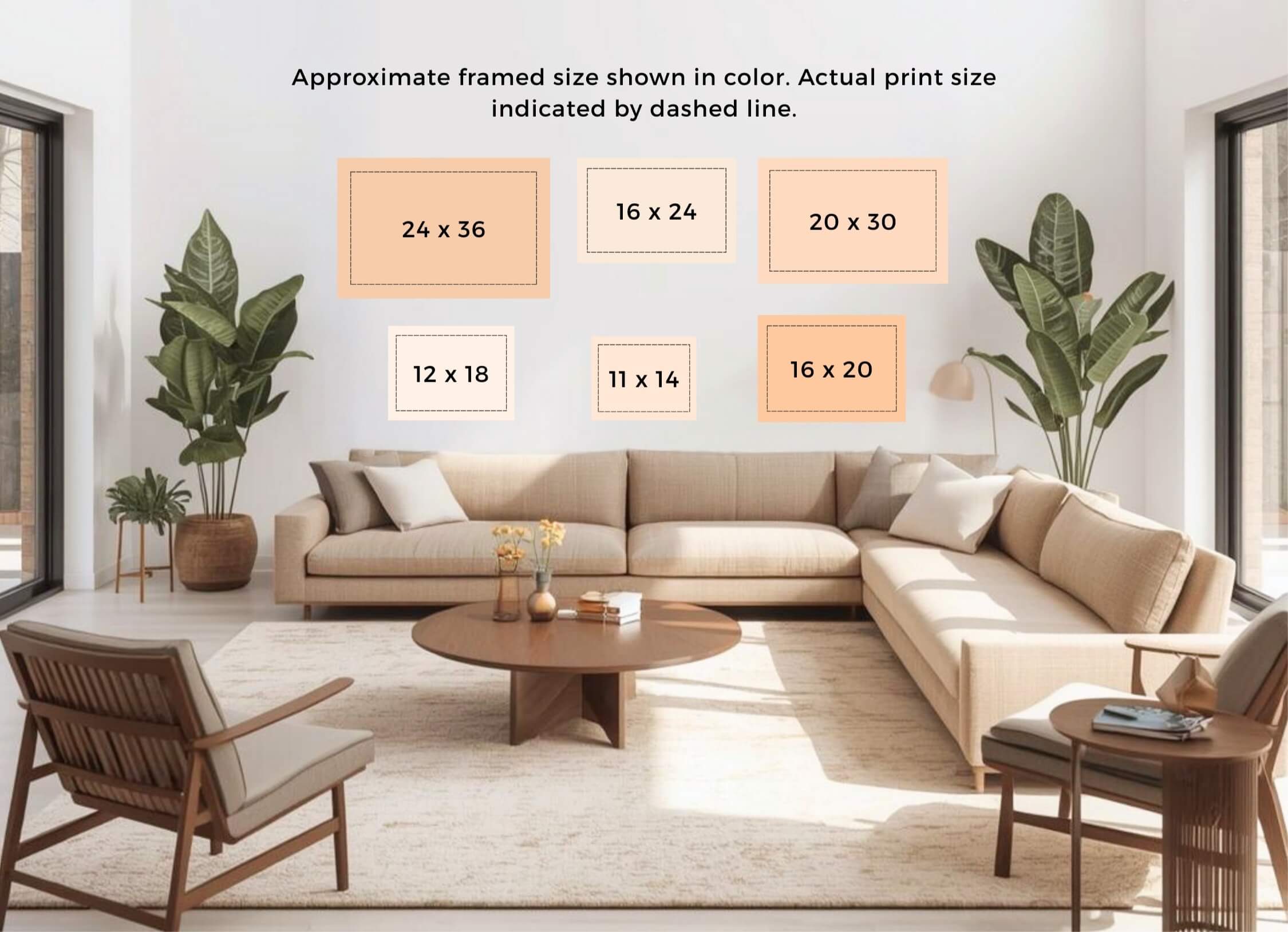 A living room with several boxes of different sizes and colors on the wall indicating print size options