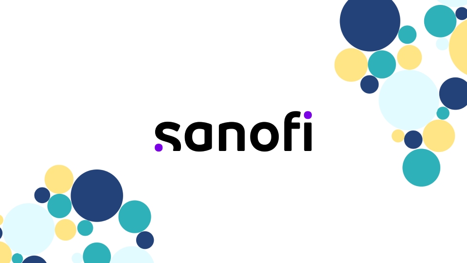 Sanofi logo in black with purple dots above and below the text, surrounded by blue, yellow, and teal circles on the corners.