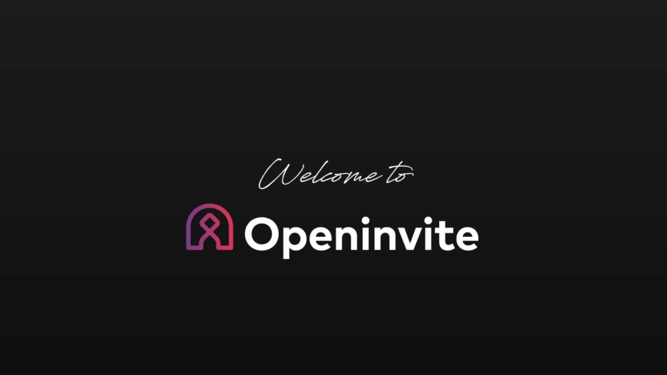 Black background with a stylized purple and pink ribbon icon and text reading 'Welcome to Openinvite'.