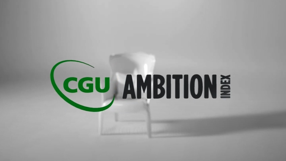 CGU Ambition Index logo over a blurred translucent chair casting a shadow.
