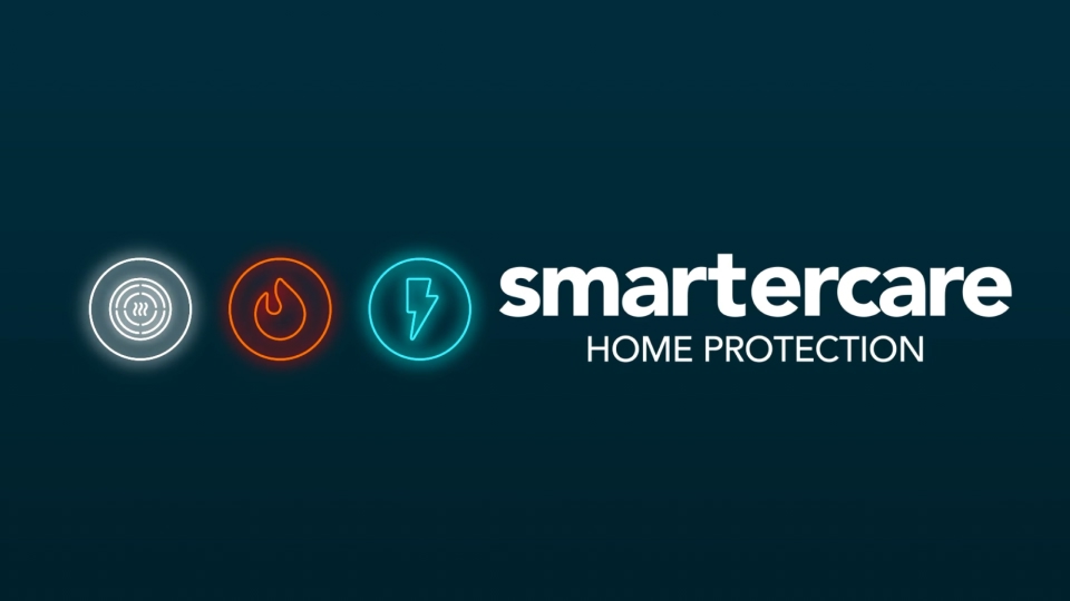 Three glowing icons representing heat, fire, and electricity followed by the text 'smartcare HOME PROTECTION' on a dark blue background.