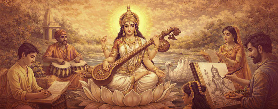 Représentation de la Déesse Sarasvati, entourée par des peintres, des érudits, des musiciens