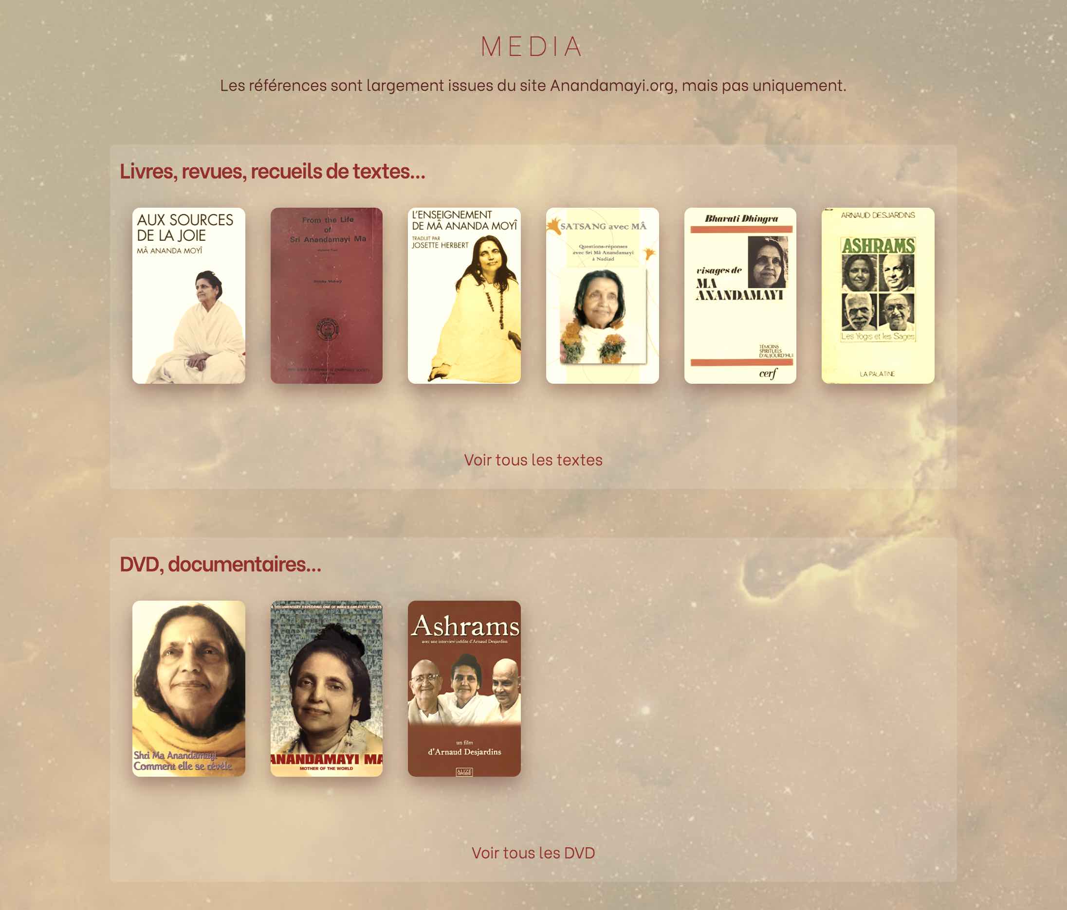 screenshot of media page on anandamayi.one web site