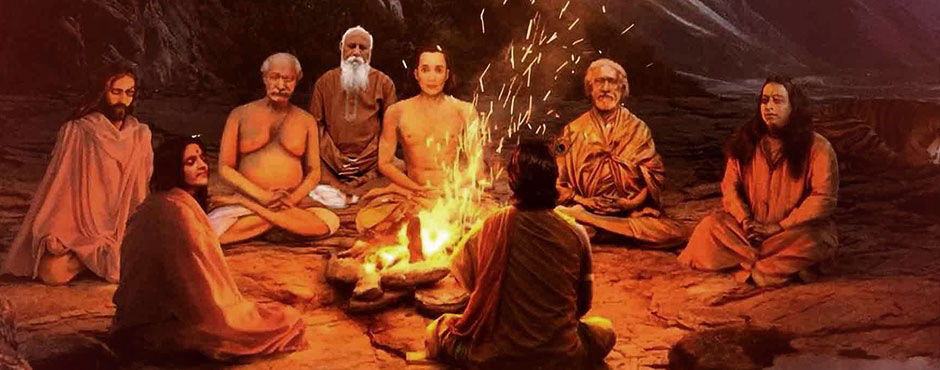 peinture représentant Mâ Ânandamayî entourée par des mahatma autour d'un feu