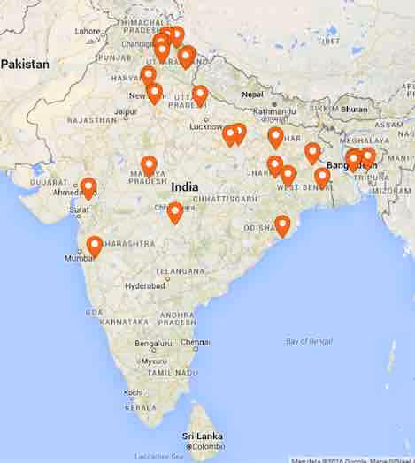 carte de l'Inde où sont notés les points de visite de Ma Anandamayi