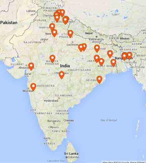 carte de l'Inde où sont notés les points de visite de Ma Anandamayi
