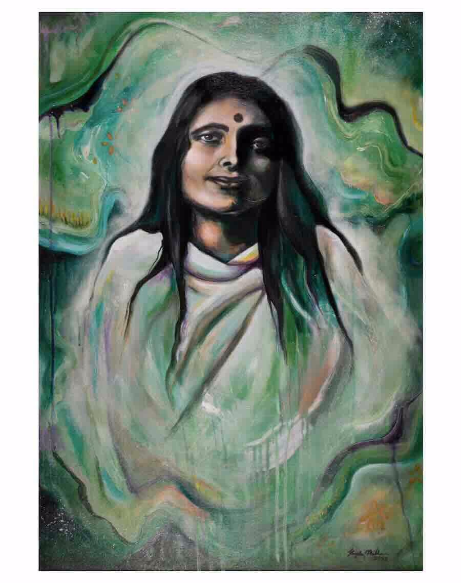 Peinture à l'huile de Mâ Ananda Moyî en méditation par Kayla Miller