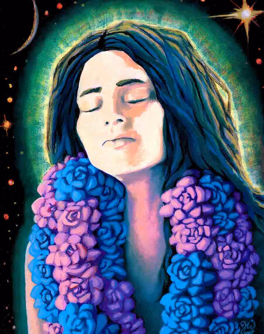 Peinture à l'huile de Mâ Ananda Moyî en méditation par Jonathan Weber