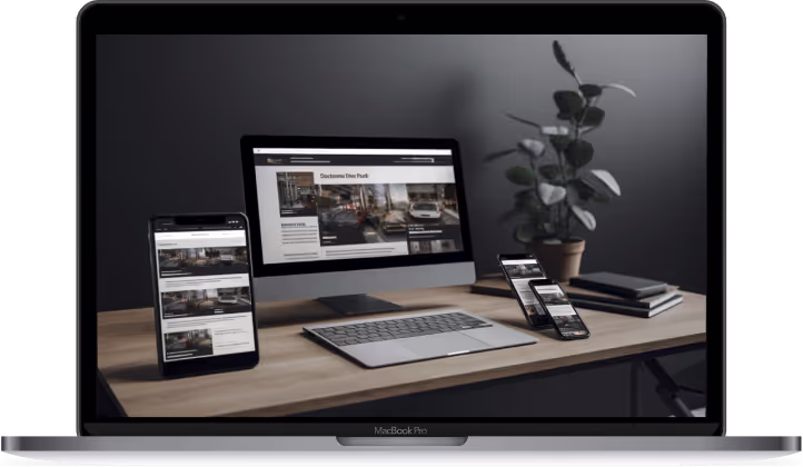 Laptop screen displaying desk with website design displaying on desktop, tablet & mobile screens