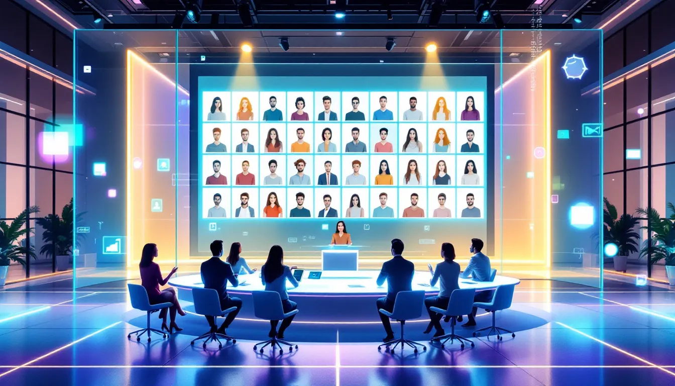 A hybrid event setup featuring both in-person and virtual attendees.