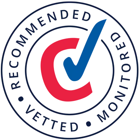 Circular emblem with a red lowercase 'c' and a blue check mark in the center, surrounded by the words recommended, vetted, and monitored.