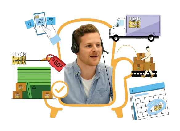 Man with headset inside a chair outline, surrounded by icons of moving boxes, a discount tag, a calendar, a delivery truck, and a hand using a smartphone.