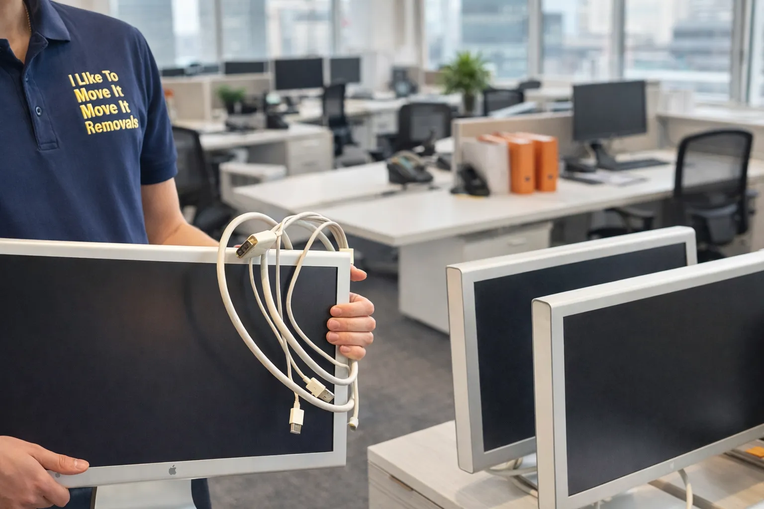 office mover packing monitors in a modern office