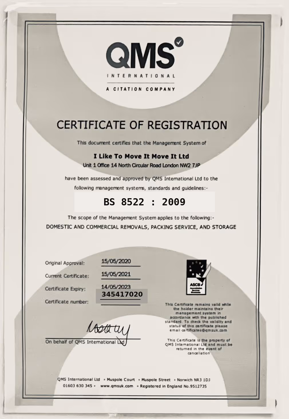 QMS International Certificate of Registration awarded to I Like To Move It Move It Ltd for BS 8522:2009 covering domestic and commercial removals, packing, and storage.