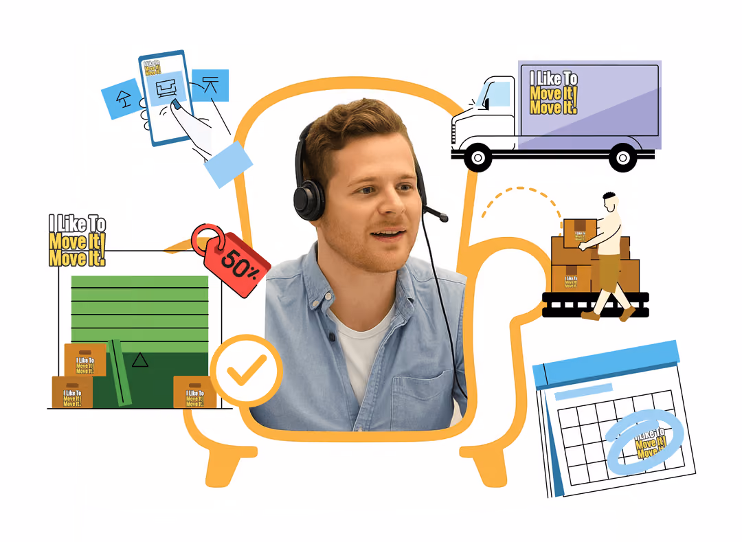 Customer service man with headset inside an armchair shape surrounded by icons of a moving truck, boxes, a calendar, a 50% off tag, and a hand using a phone app, all featuring the text 'I Like To Move It! Move It!'