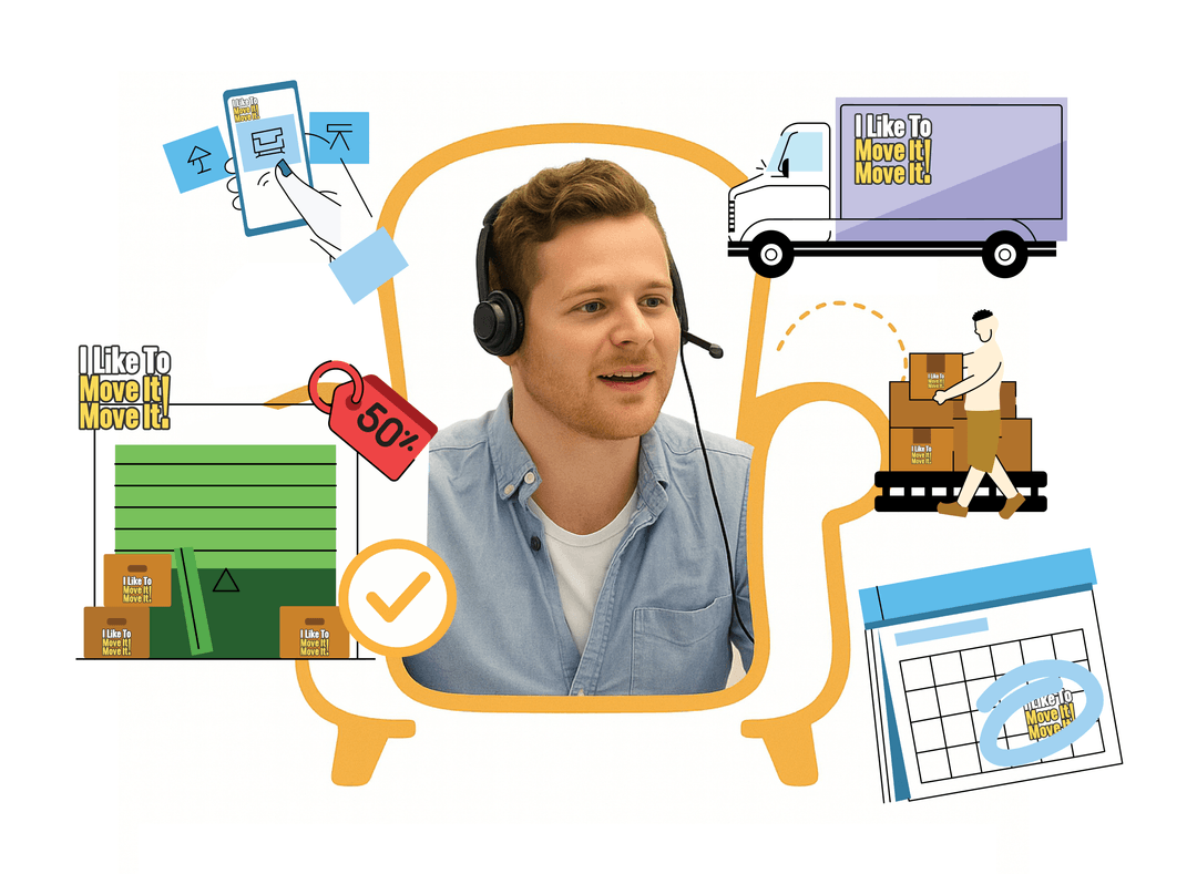 Customer service man with headset inside an armchair shape surrounded by icons of a moving truck, boxes, a calendar, a 50% off tag, and a hand using a phone app, all featuring the text 'I Like To Move It! Move It!'