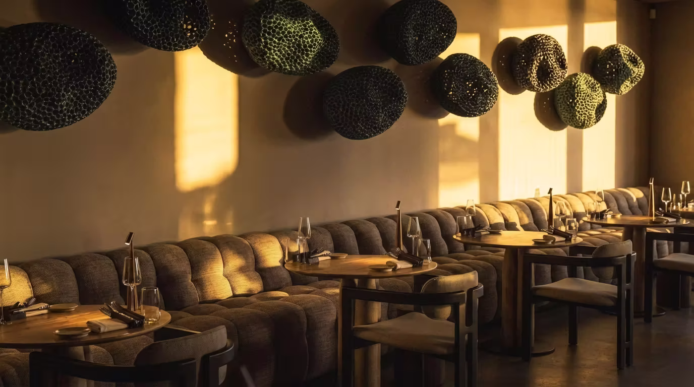 Sfeervolle Caribische 'Fine Dining'-ruimte met lange gebogen bank, ronde tafels en stoelen, verlicht door warm zonlicht.