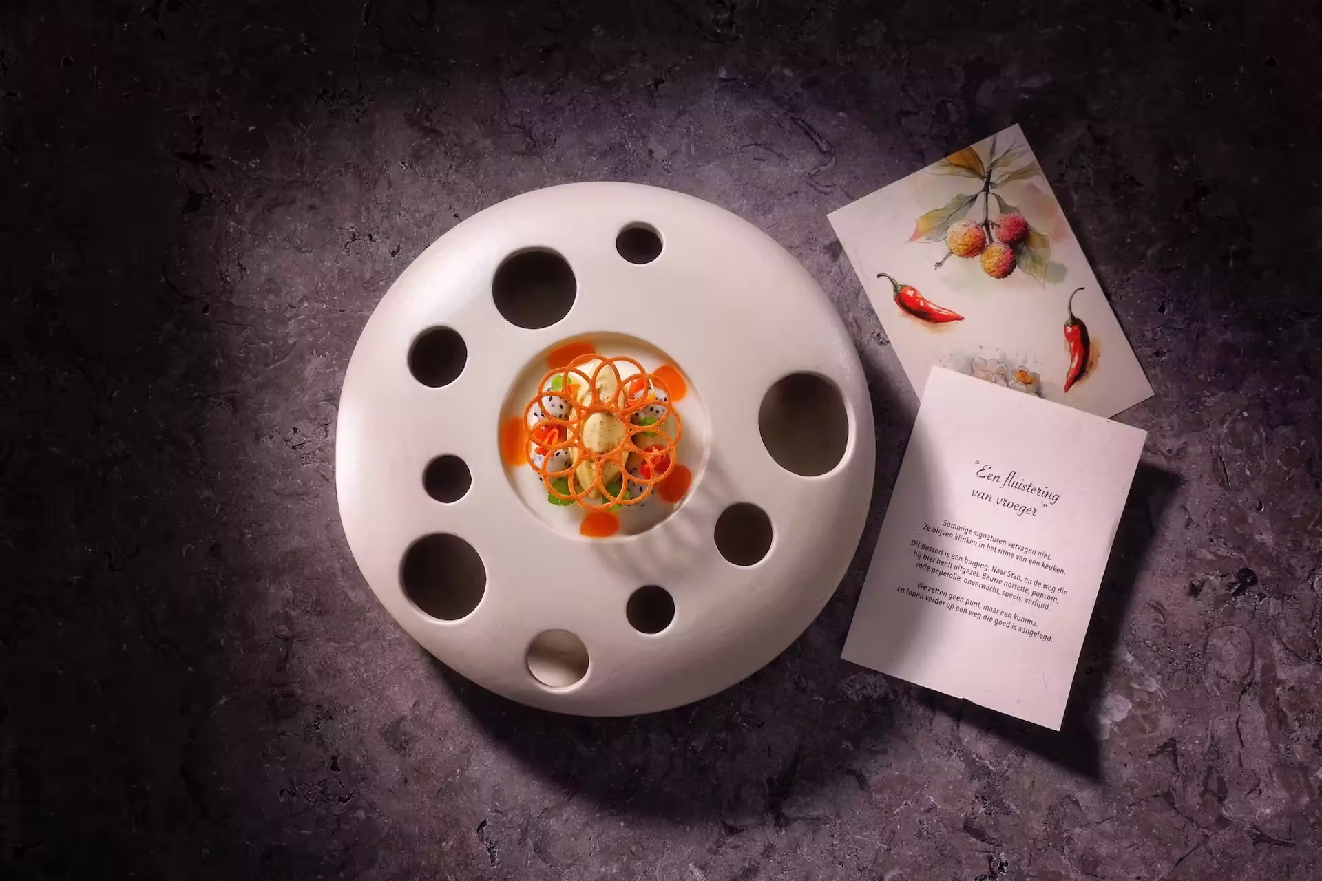 Gastronomisch gerecht met cirkelvormige garnering en kleurrijke saus, geserveerd op een wit bord met uitsparingen, naast kaarten met illustraties en tekst in het Nederlands.