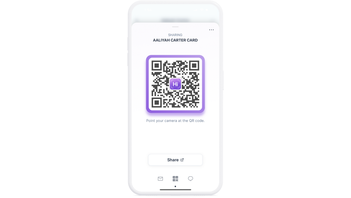 Send your digital business card with your iPhone or Android. HiHello QR code screen 