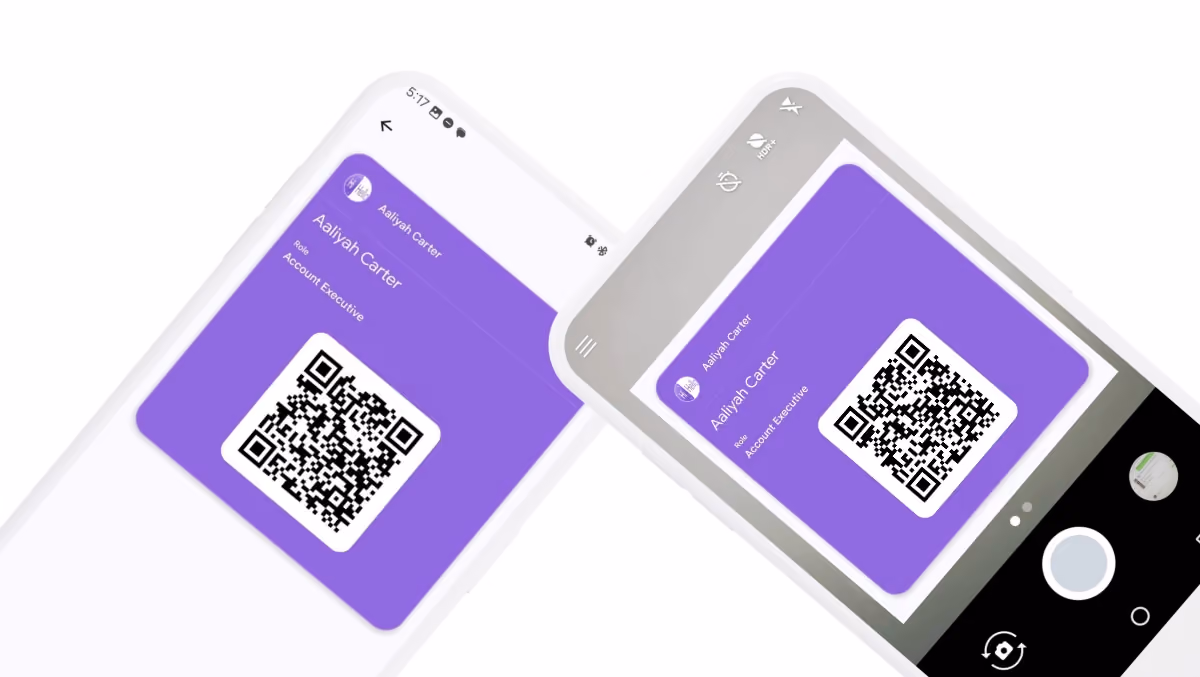 Android phones exchanging QR code digital business cards with Google Wallet.