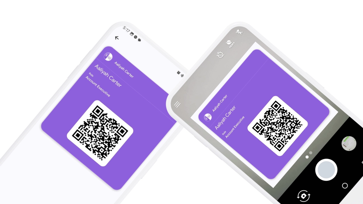 Android phones exchanging QR code digital business cards with Google Wallet.