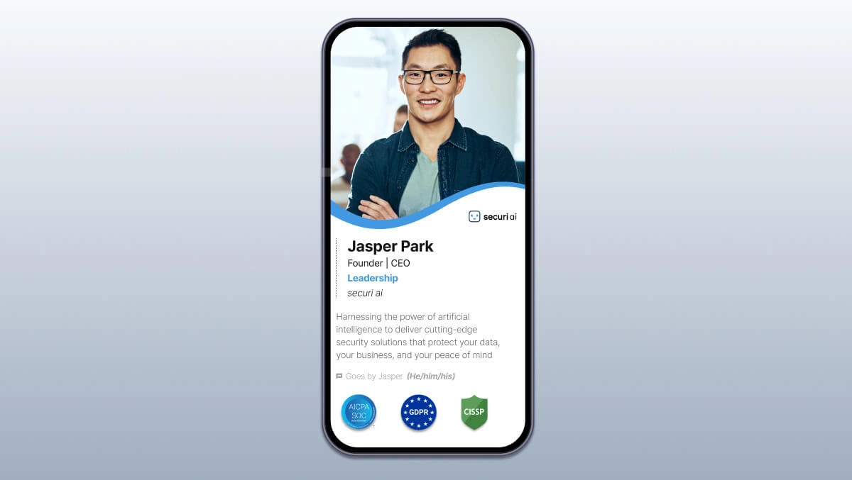 "A digital business card created using a business card maker, displayed on a smartphone. The card features a professional headshot, name, job title, company, contact details, and certifications.