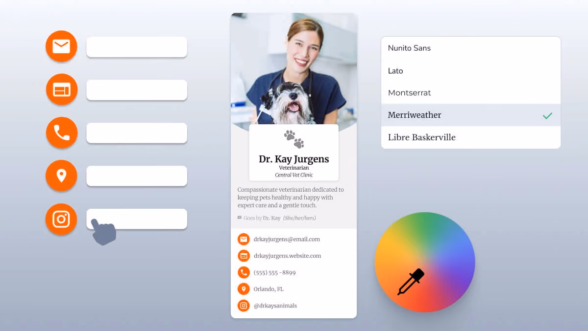 A digital business card being customized with different fonts, colors, and contact details using an online platform. The interface allows users to create their digital business card with personalized branding and design options