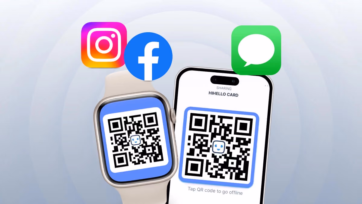 A digital business card displayed on a smartphone and Apple Watch, featuring a QR code for easy sharing. Social media and messaging icons indicate multiple ways to share your digital business card instantly.