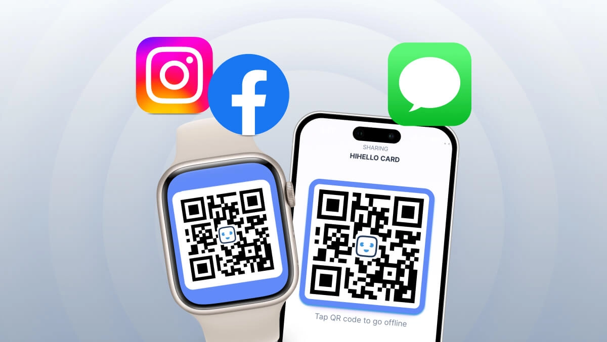 A digital business card displayed on a smartphone and Apple Watch, featuring a QR code for easy sharing. Social media and messaging icons indicate multiple ways to share your digital business card instantly.