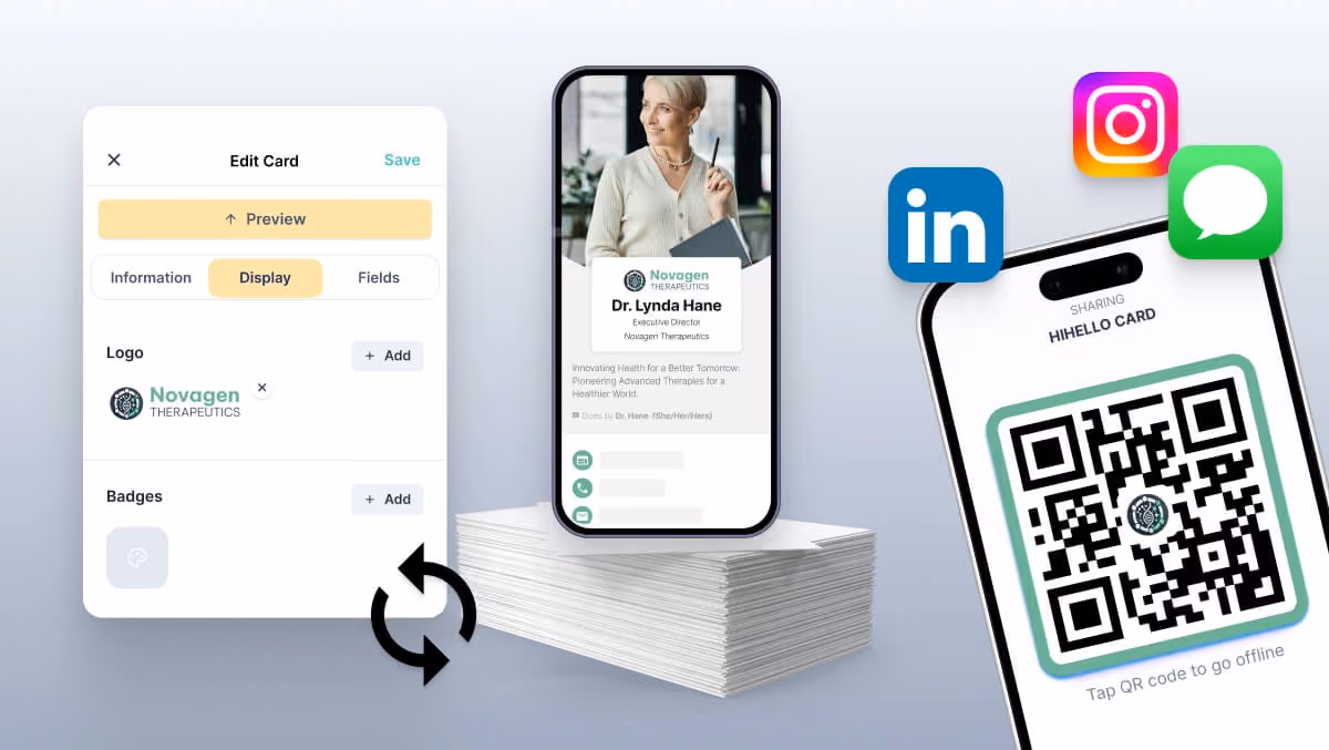 A smartphone displaying a digital business card alongside a QR code for instant sharing, a paper card stack, and icons for LinkedIn, Instagram, and messaging, showcasing why digital business cards are the best alternative to paper cards in 2025.