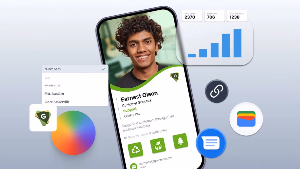 A smartphone displaying a HiHello digital business card with customization options, analytics, and sharing features, showing why HiHello is the best digital business card for professionals and teams.