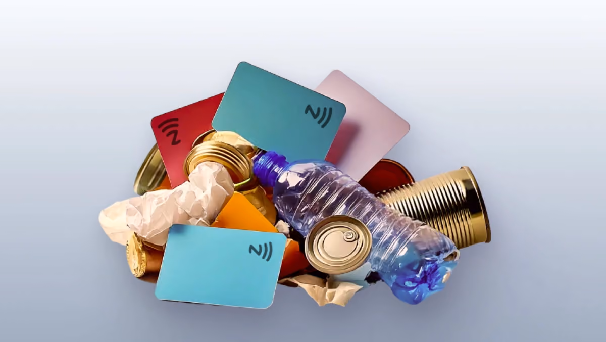 Discarded NFC business cards mixed with plastic waste and metal cans, highlighting the environmental impact and sustainability concerns of NFC cards.
