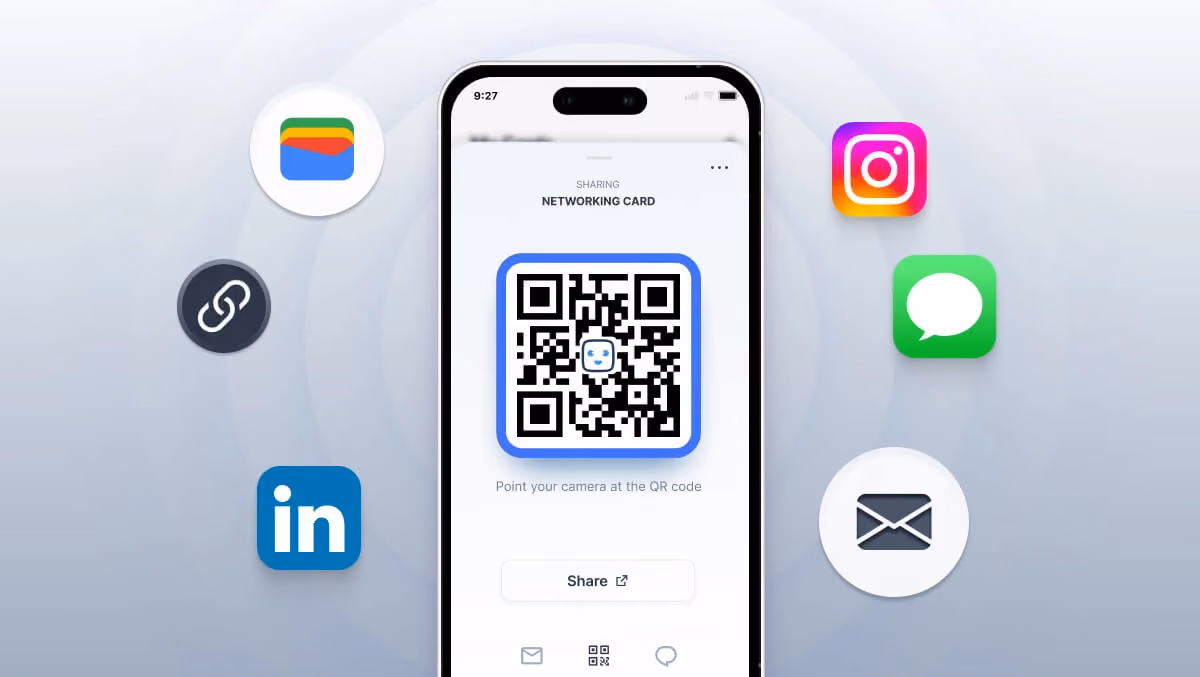 A smartphone displaying a QR code for a digital business card, surrounded by icons for LinkedIn, Instagram, messaging, and email.