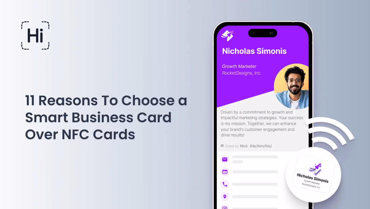 A digital business card displayed on a smartphone alongside an NFC card, illustrating the differences between smart business cards and NFC technology.