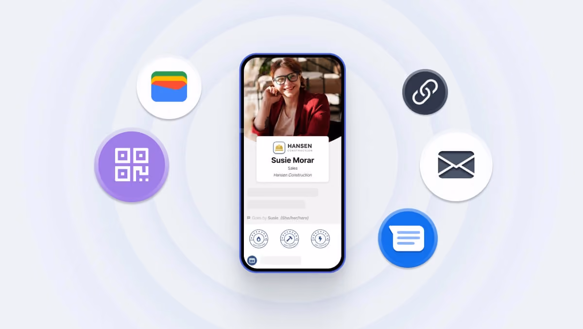 A digital business card on a smartphone with multiple sharing options, including QR codes, links, and email.