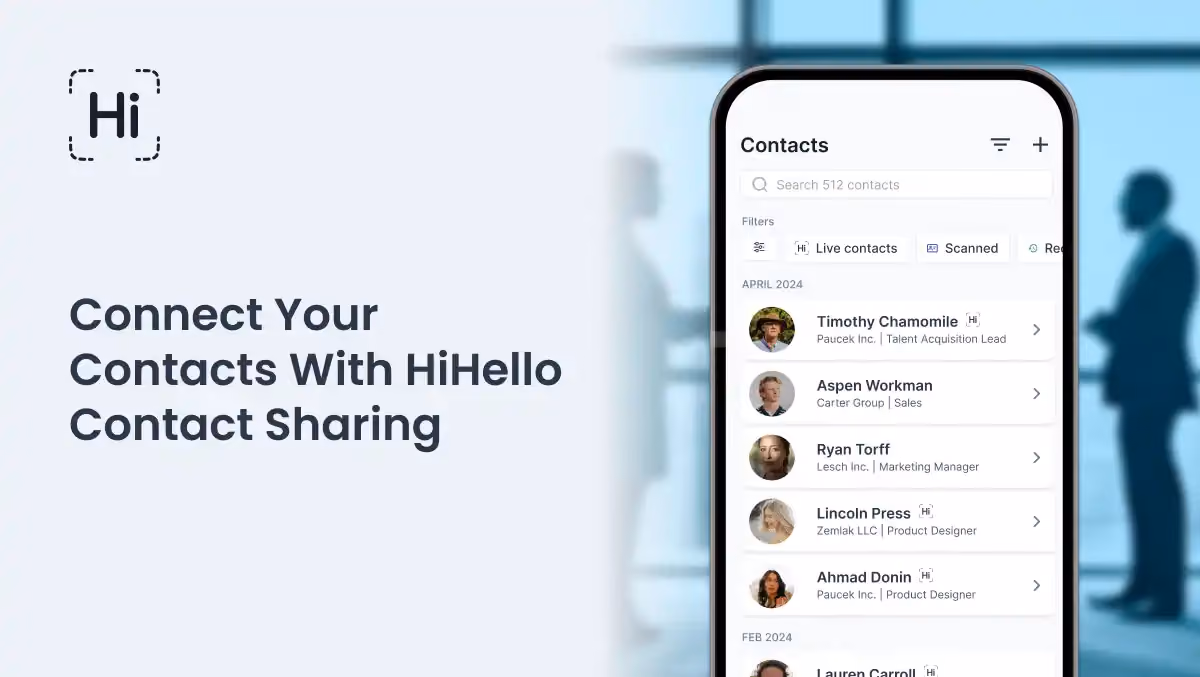 Mobile app interface of HiHello showing a contact list with options to share contacts seamlessly for networking.