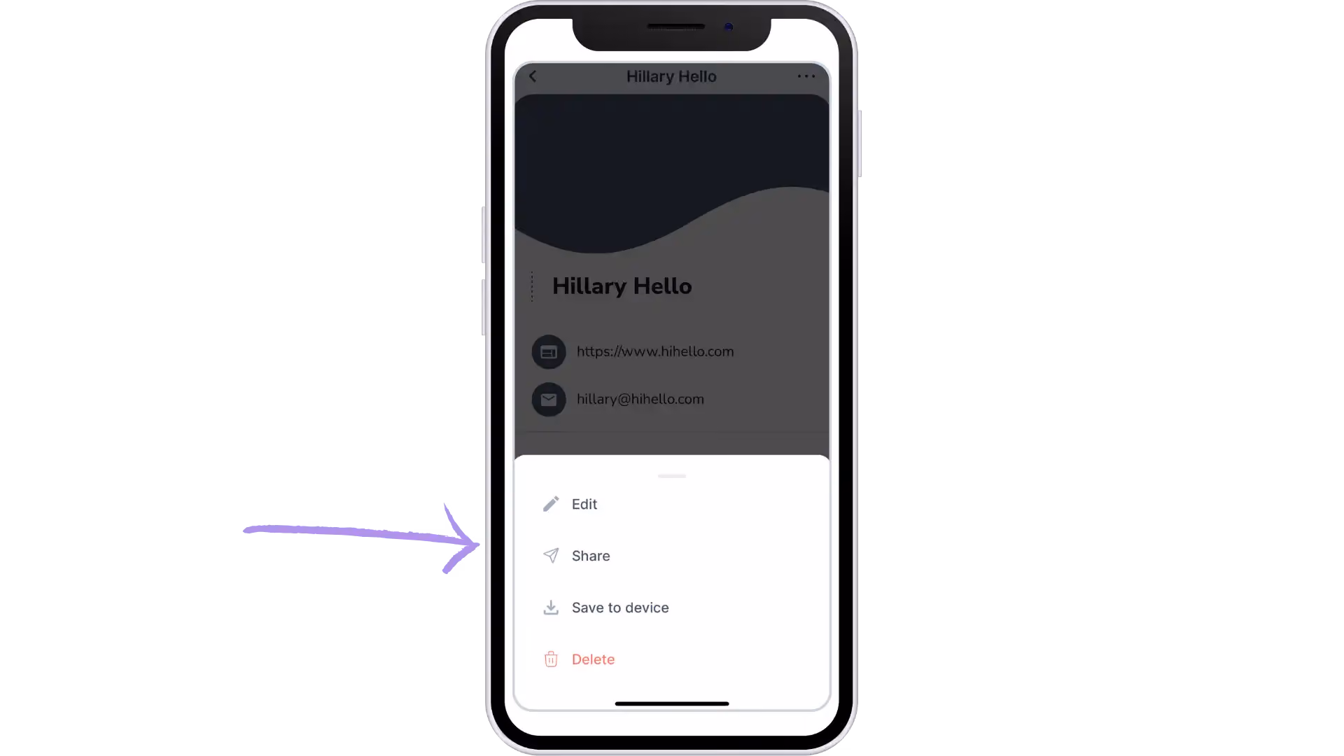 HiHello app interface highlighting the three-dot menu in the upper-right corner of a contact profile.