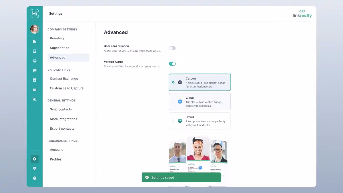 HiHello admin settings interface showing options to enable Verified Cards and customize badge styles for brand consistency.