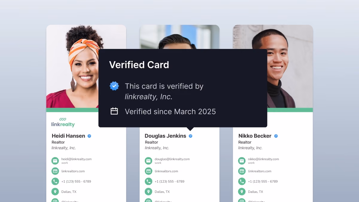 Verified digital business cards by HiHello with a blue checkmark for credibility