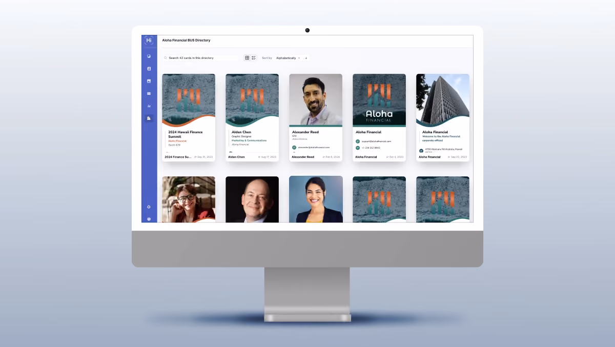 HiHello's Corporate Directory feature showcasing team member profiles for streamlined collaboration.