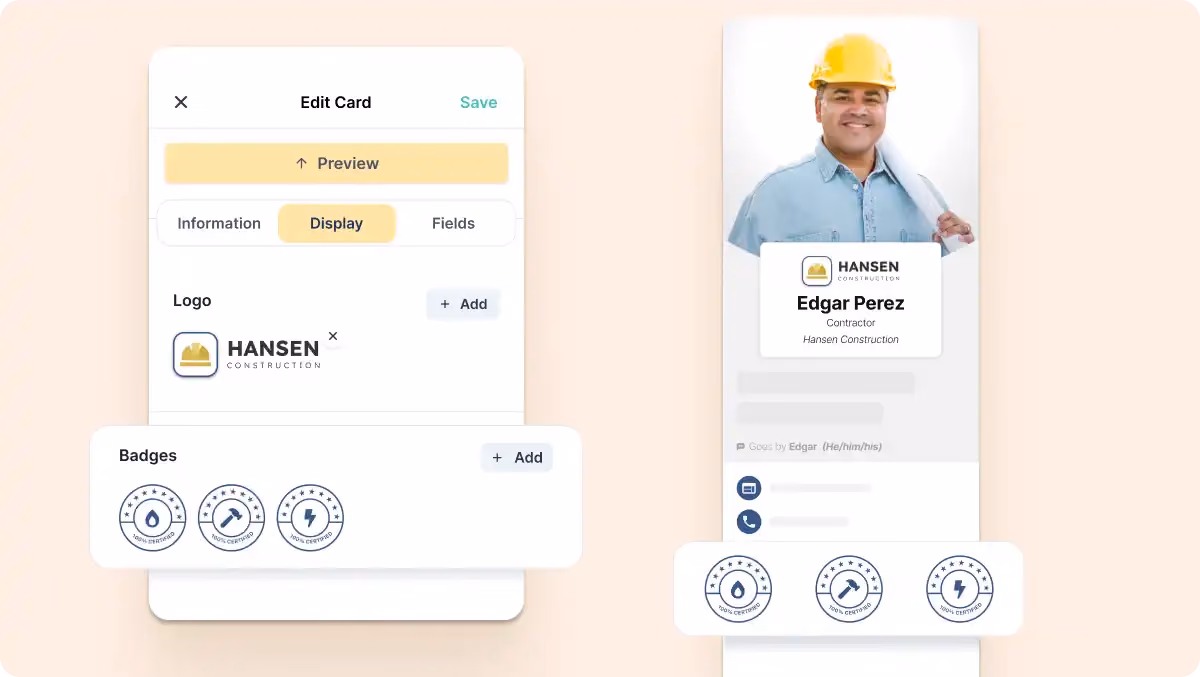 HiHello business card customization options including logo uploads and badge additions for digital branding