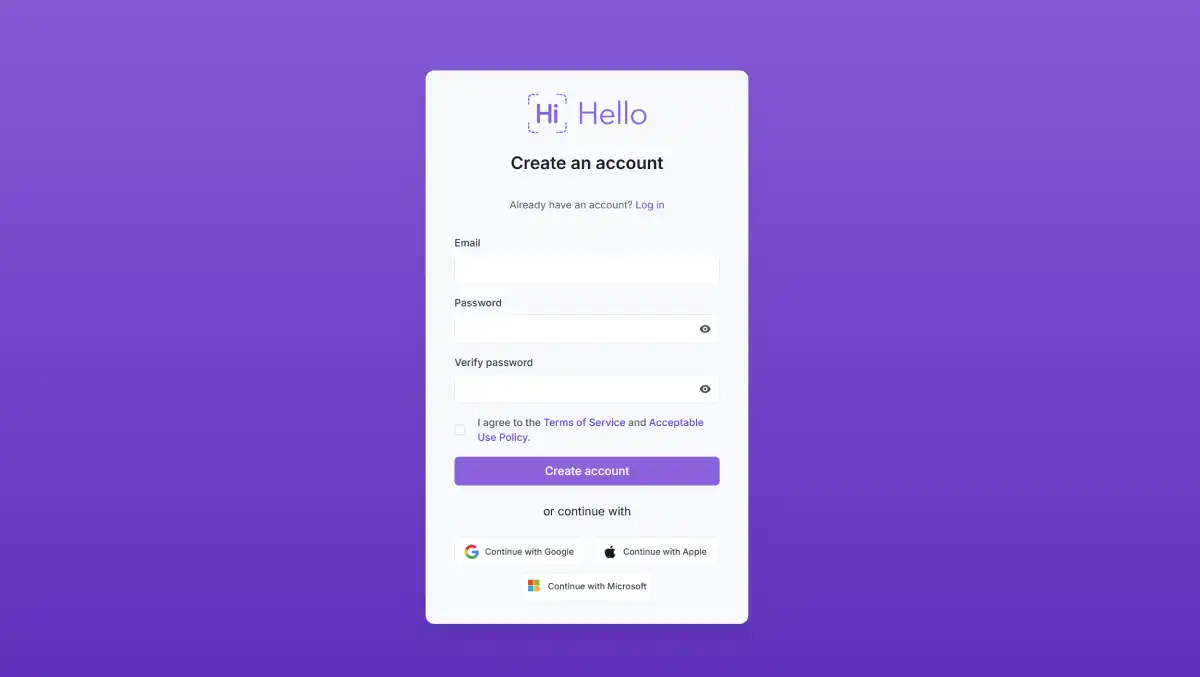 HiHello account signup screen for creating a digital business card