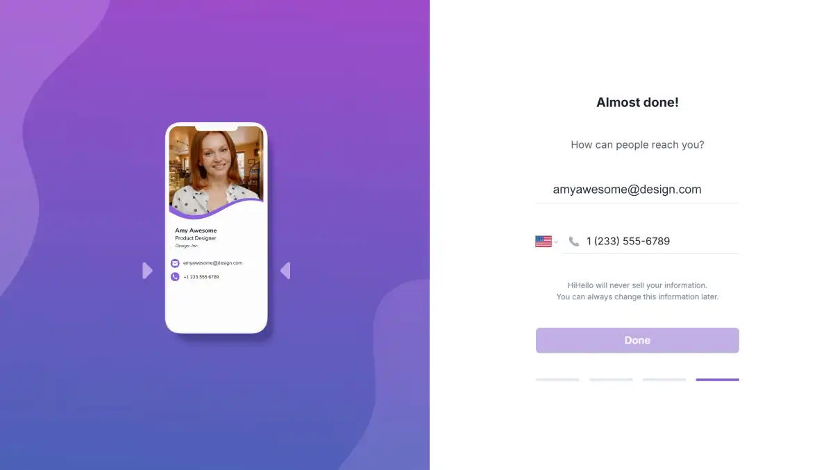 Edit contact fields in HiHello dashboard for a QR code business card