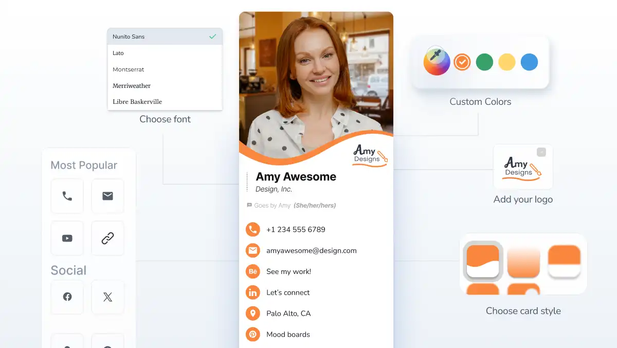 Customize a HiHello QR code business card with colors, fonts, and logo