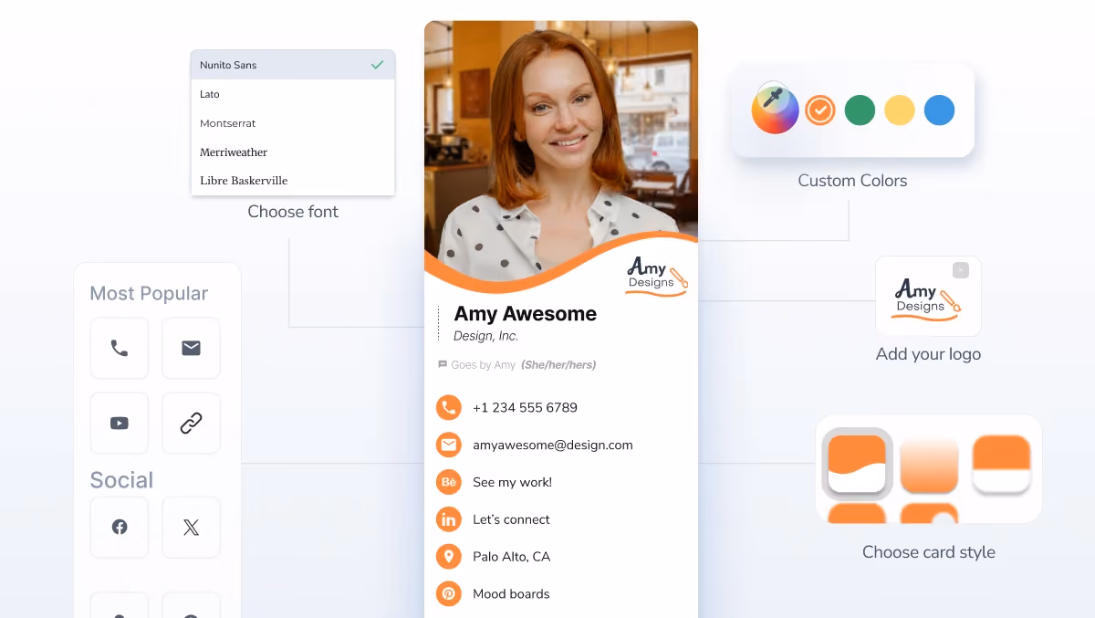 Digital business card interface with font choices, custom colors, logo upload, and design style options.