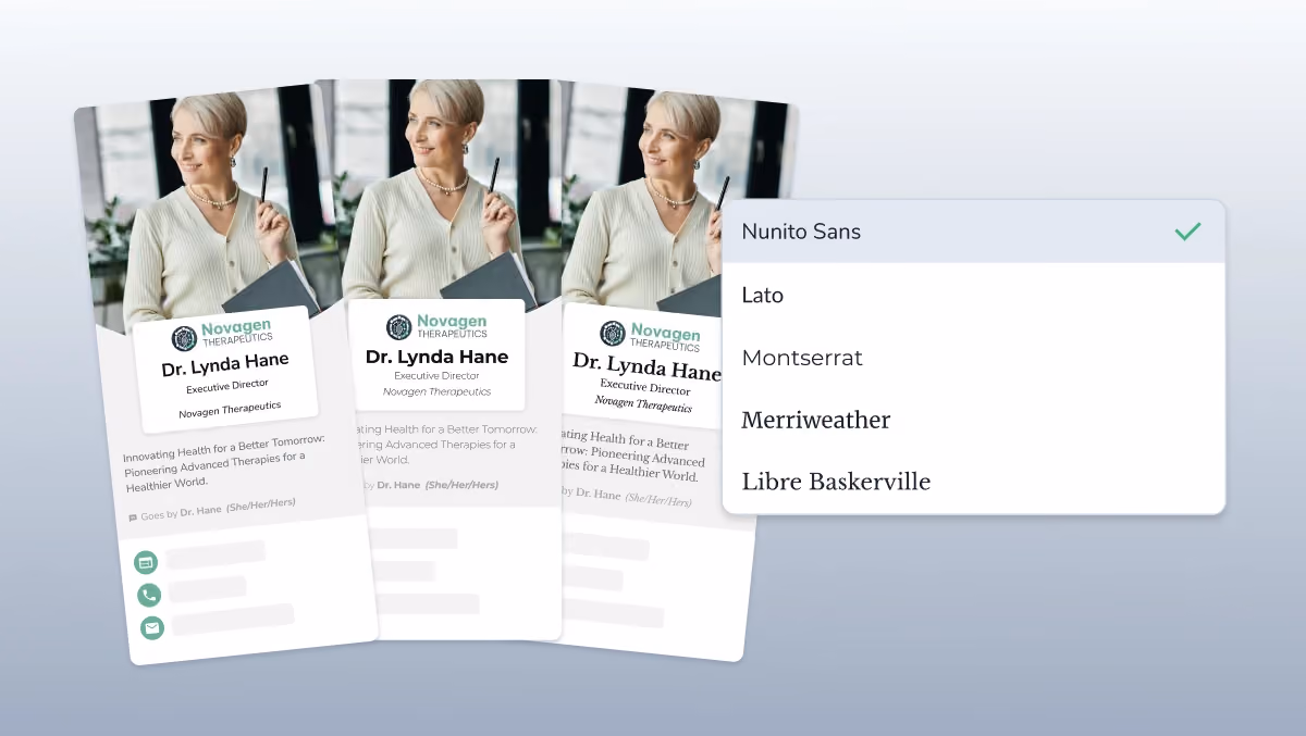 HiHello digital business card font selection with Nunito Sans, Lato, Montserrat, Merriweather, and Libre Baskerville