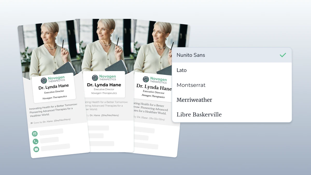 HiHello digital business card font selection with Nunito Sans, Lato, Montserrat, Merriweather, and Libre Baskerville